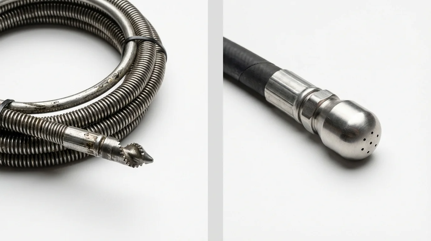 Drain snake cable and hydro jetting nozzle used for drain cleaning in Greenwood, DE