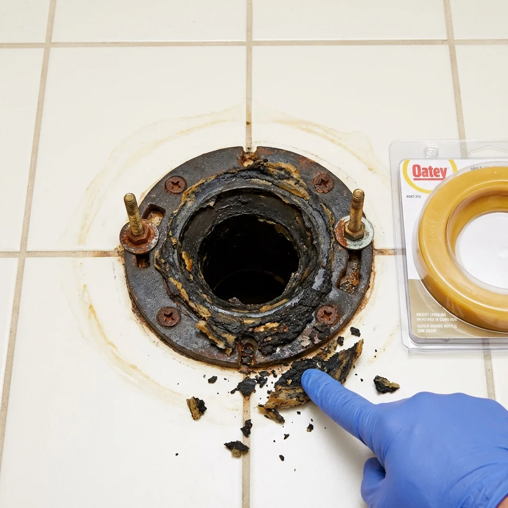 Failed wax ring showing water seepage at the base of a toilet in a Greenwood, DE home