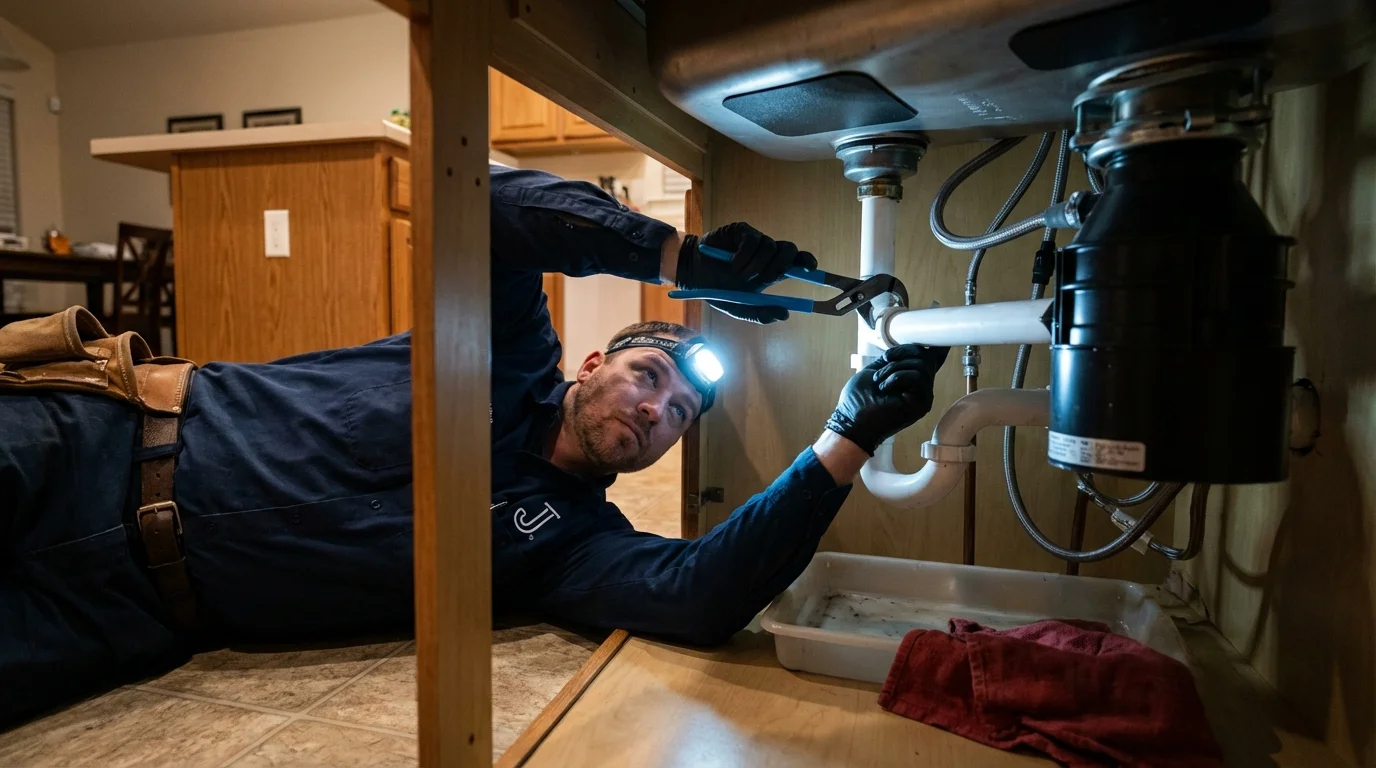 P-trap and supply line connections under a kitchen sink showing a common leak point in Greenwood, DE